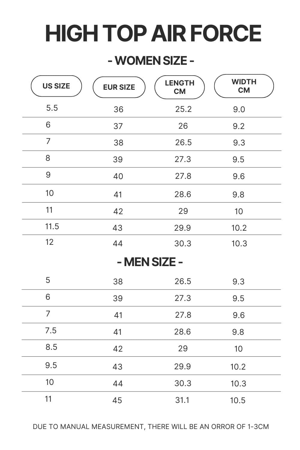 High Top Air Force Shoes Size Chart - One Piece Mall
