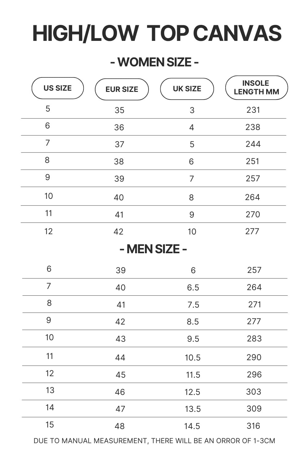 High Top Low Top Canvas Shoes Size Chart - One Piece Mall