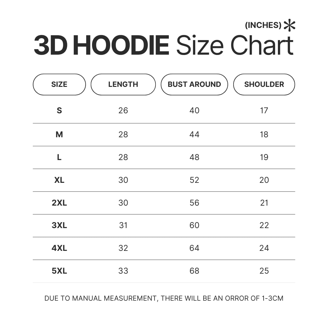 3D Hoodie Size Chart 1 - One Piece Mall