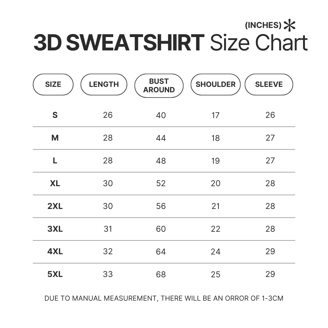3D Sweatshirt Size Chart - One Piece Mall