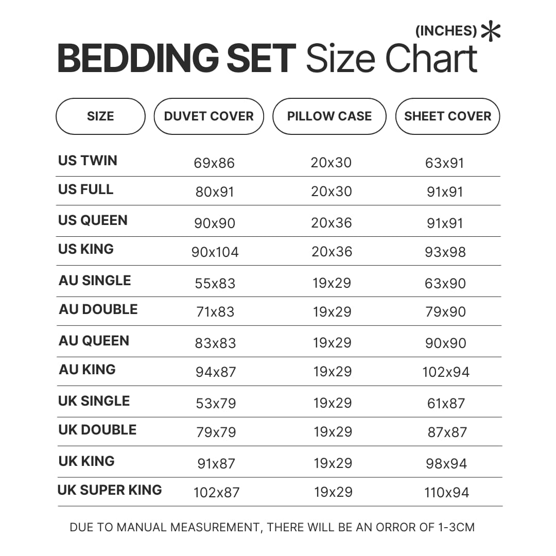 Bedding Set Size Chart - One Piece Mall