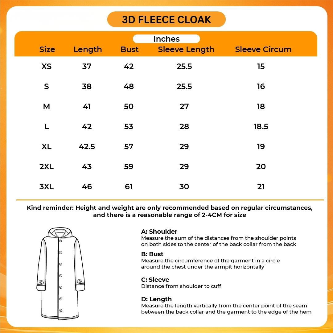 3D Fleece Cloak Size Chart - One Piece Mall