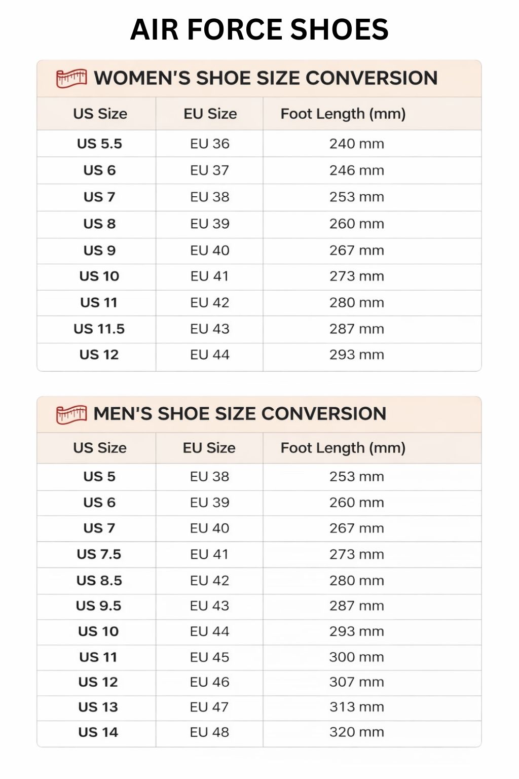 Air Force Shoes Size Chart - One Piece Mall