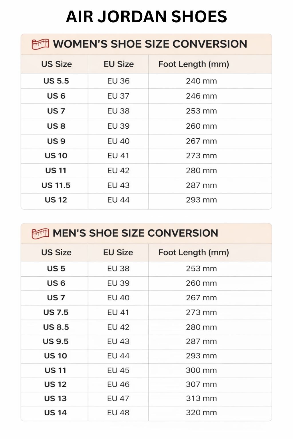 Air Jordan High Low Top Shoes Size Chart - One Piece Mall