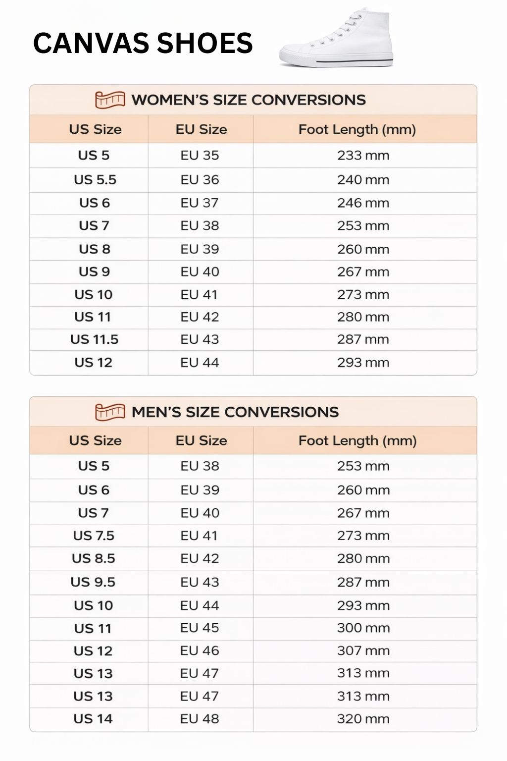 High Top Canvas Shoes Size Chart - One Piece Mall